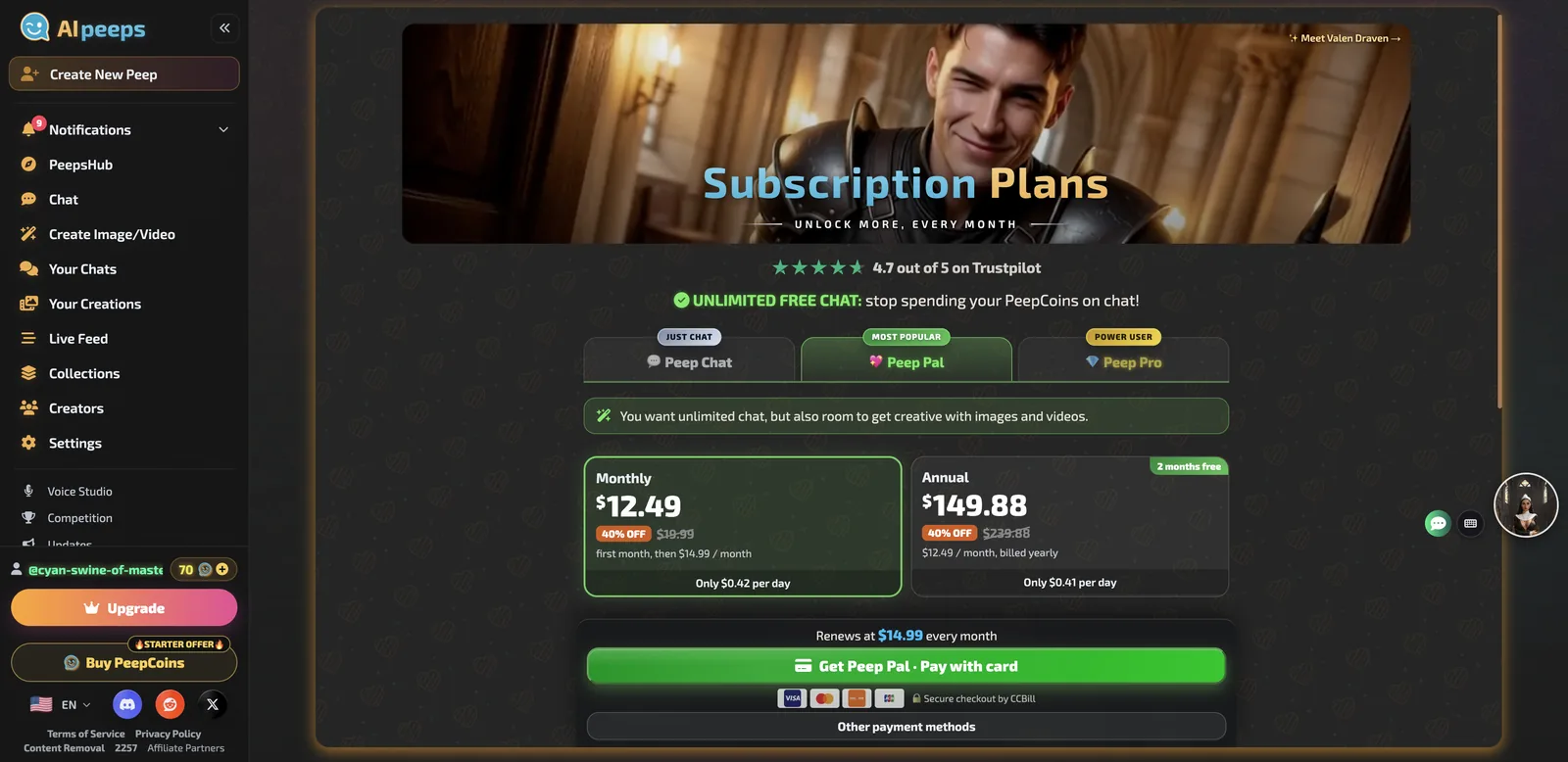 AI Peeps subscription plans Peep Chat, Peep Pal and Peep Pro with monthly and annual prices
