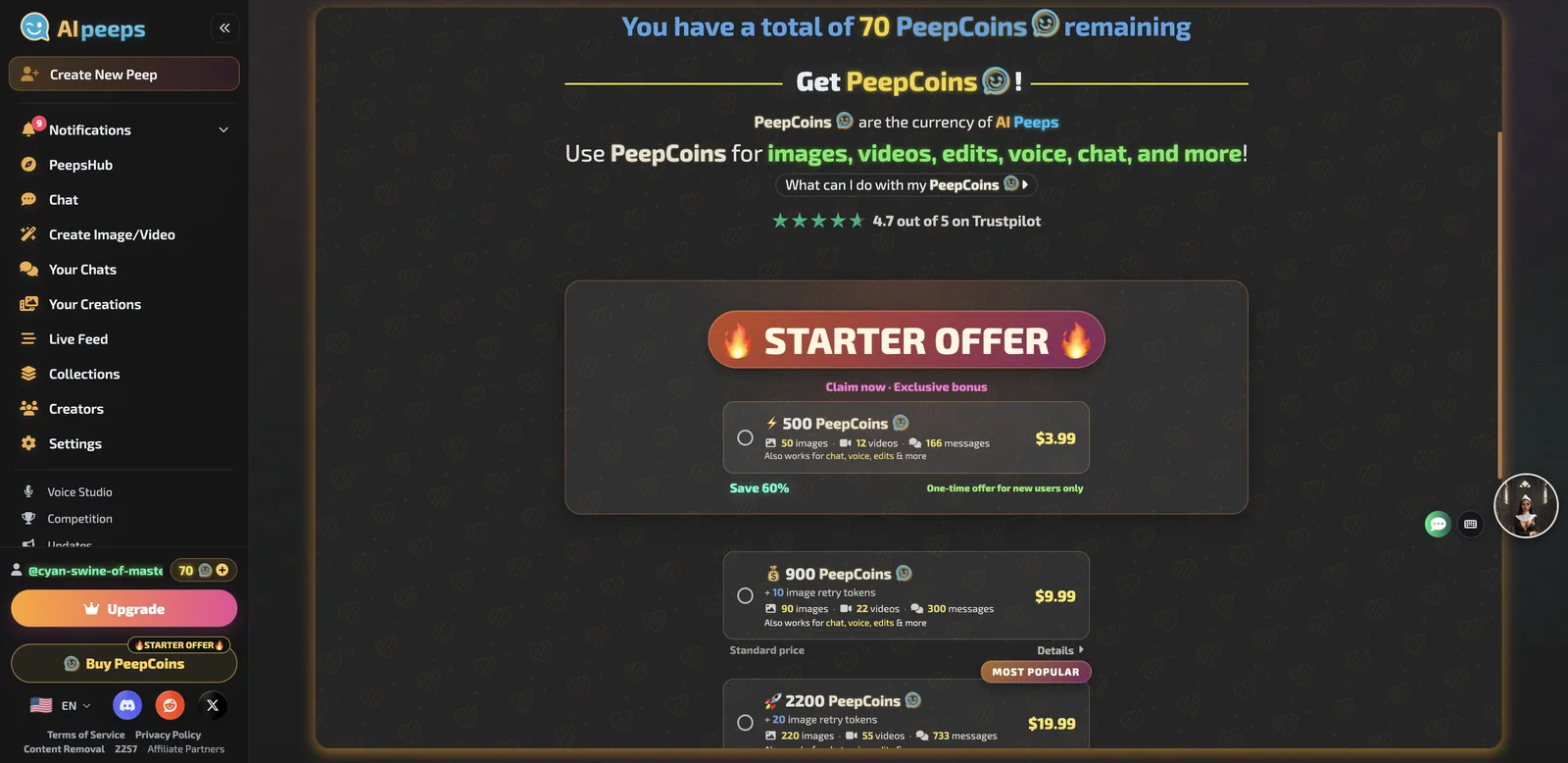 AI Peeps PeepCoins page with a $3.99 starter offer and coin packs