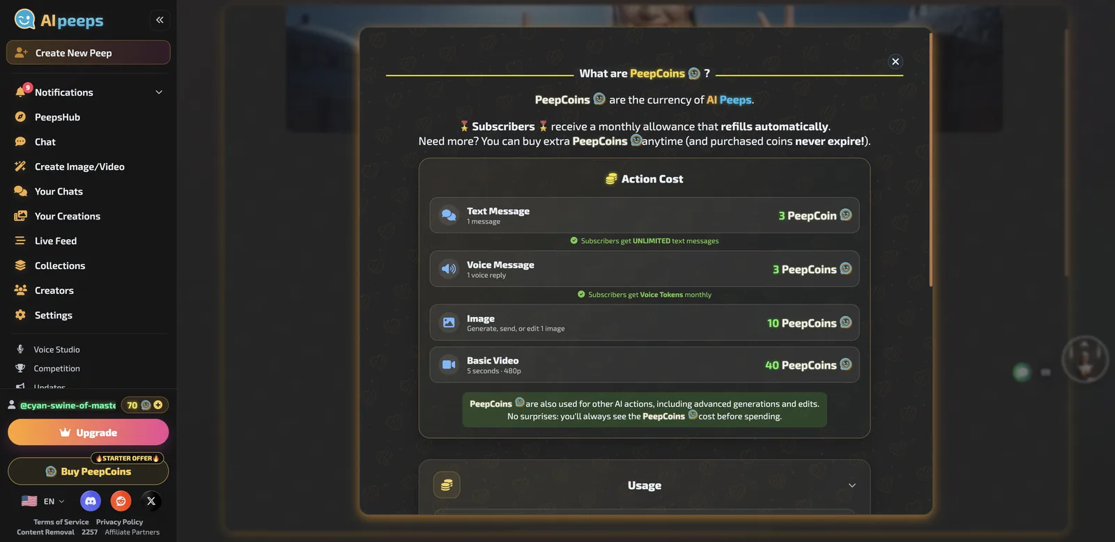 AI Peeps action cost list: text message 3, voice message 3, image 10, basic video 40 PeepCoins
