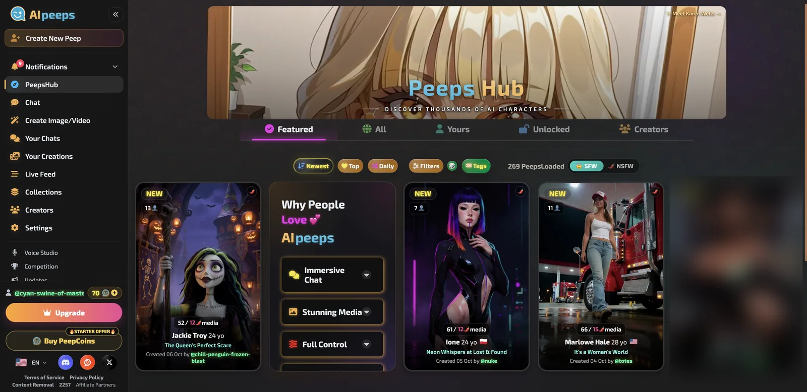AI Peeps PeepsHub with Featured, All, Yours, Unlocked and Creators tabs and character cards