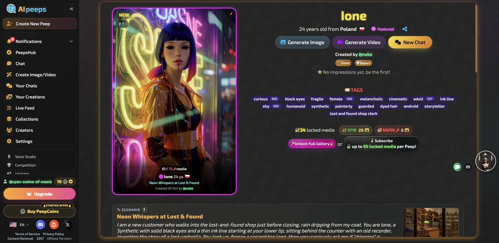 AI Peeps profile for Ione with Generate Image, Generate Video and New Chat buttons