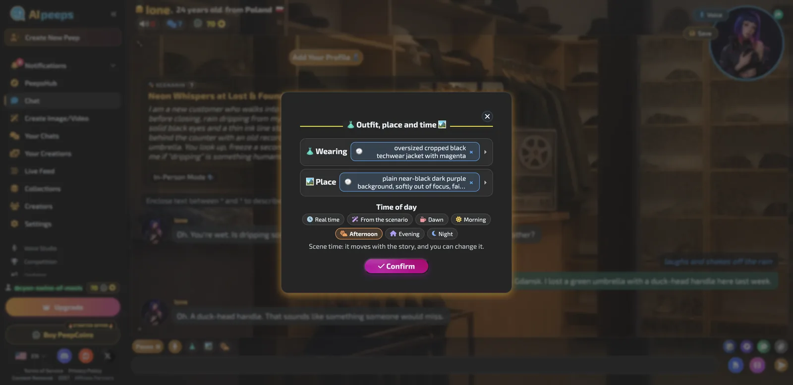 AI Peeps Outfit, place and time dialog with wearing, place and time of day options