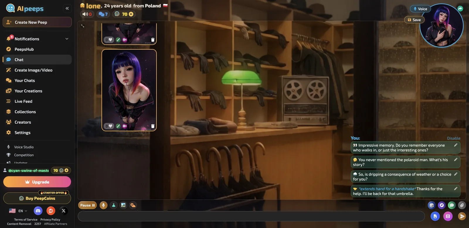 AI Peeps in-chat portrait of Ione with purple hair and black jacket
