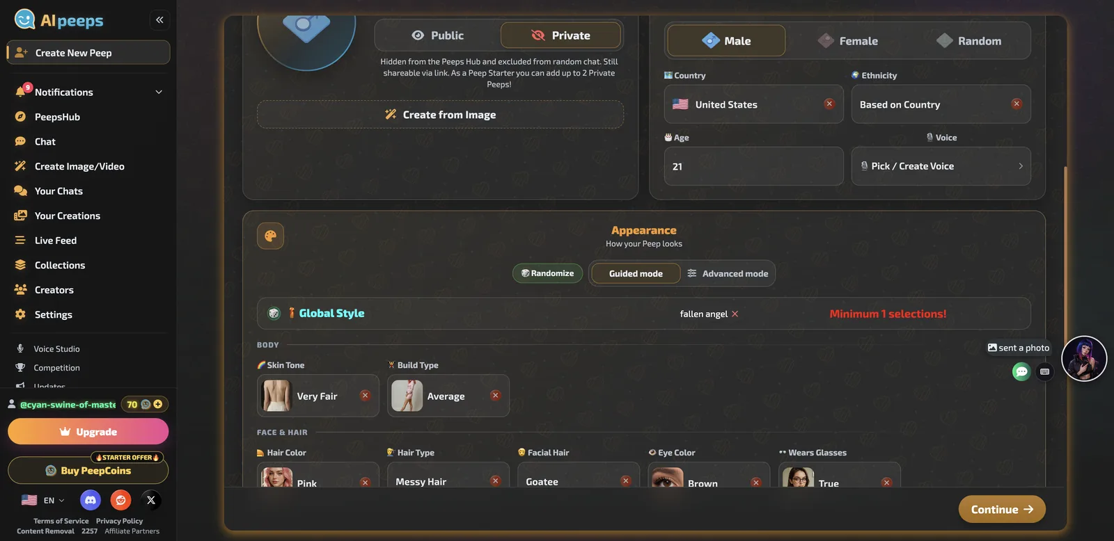AI Peeps PeepsLab Look tab with name, private visibility, identity and appearance settings