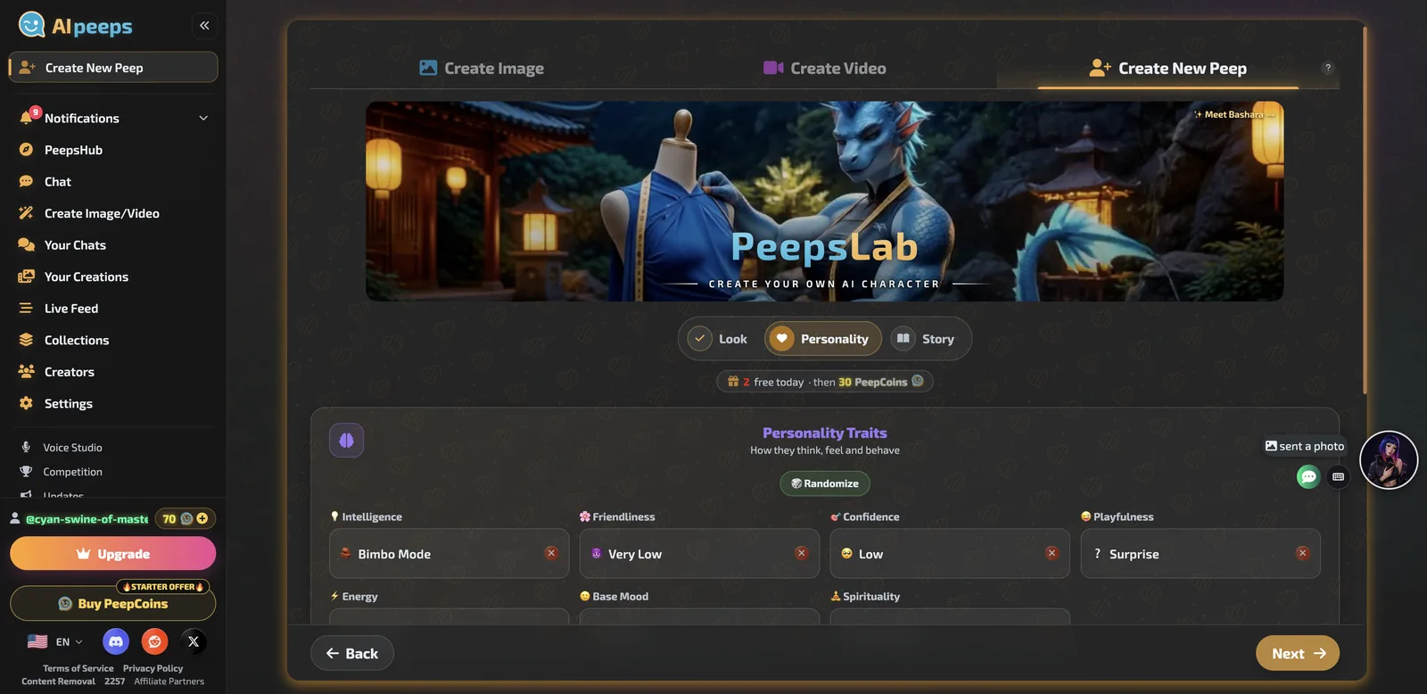 AI Peeps PeepsLab Personality tab with trait settings