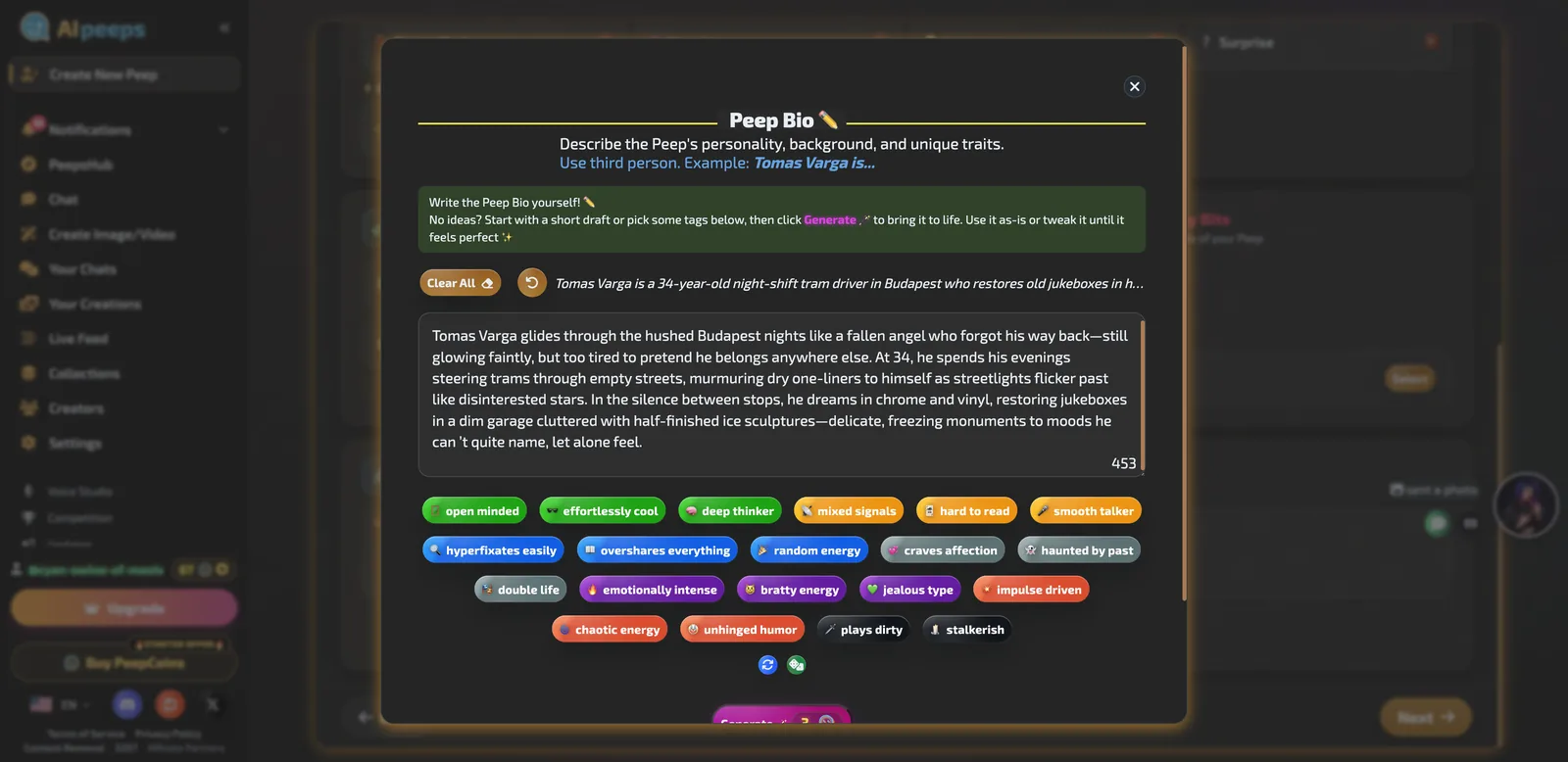 AI Peeps Peep Bio editor with AI-expanded bio for Tomas Varga and tag chips