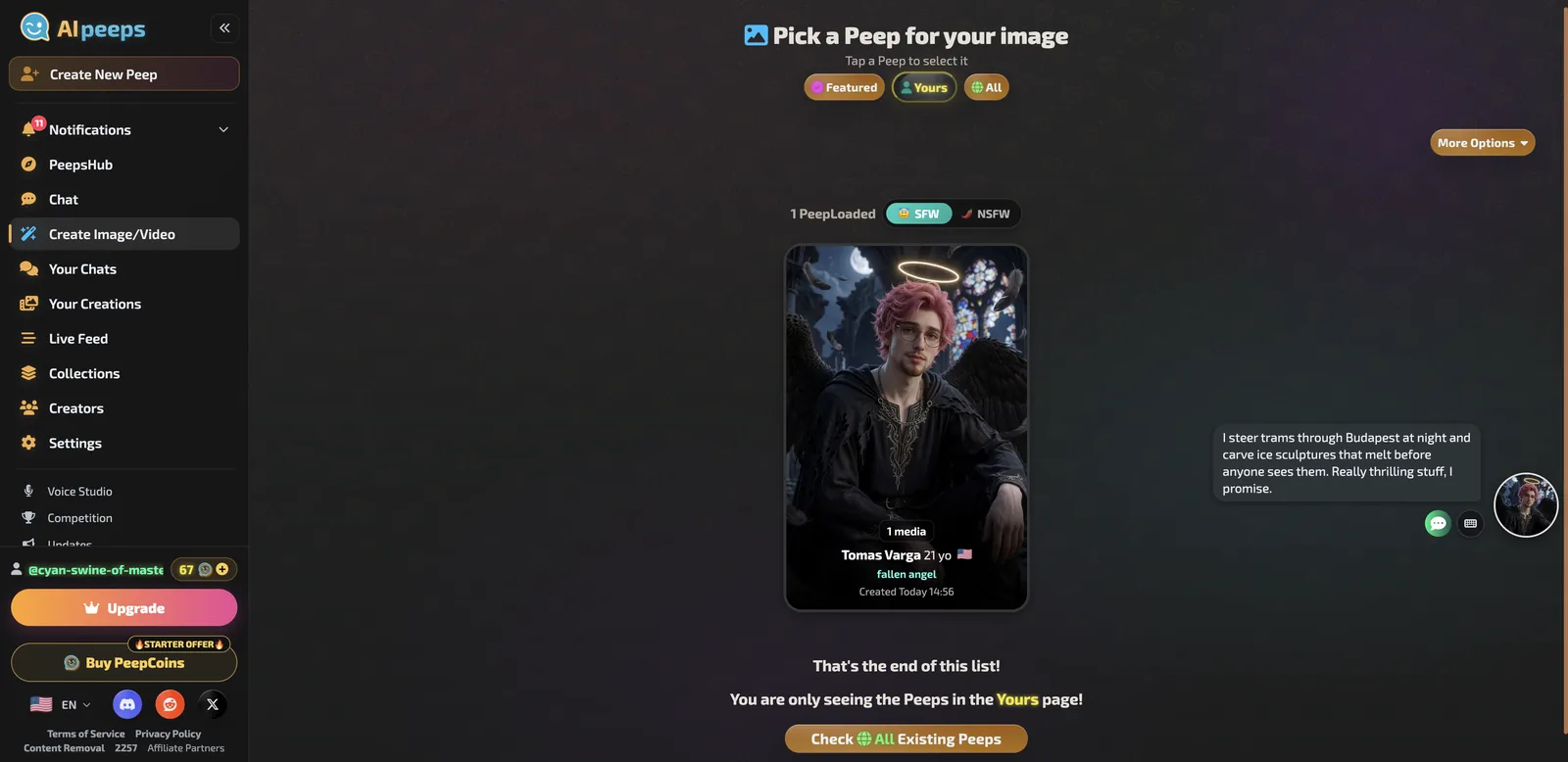 AI Peeps custom Peep card for Tomas Varga with pink hair, glasses, halo and wings