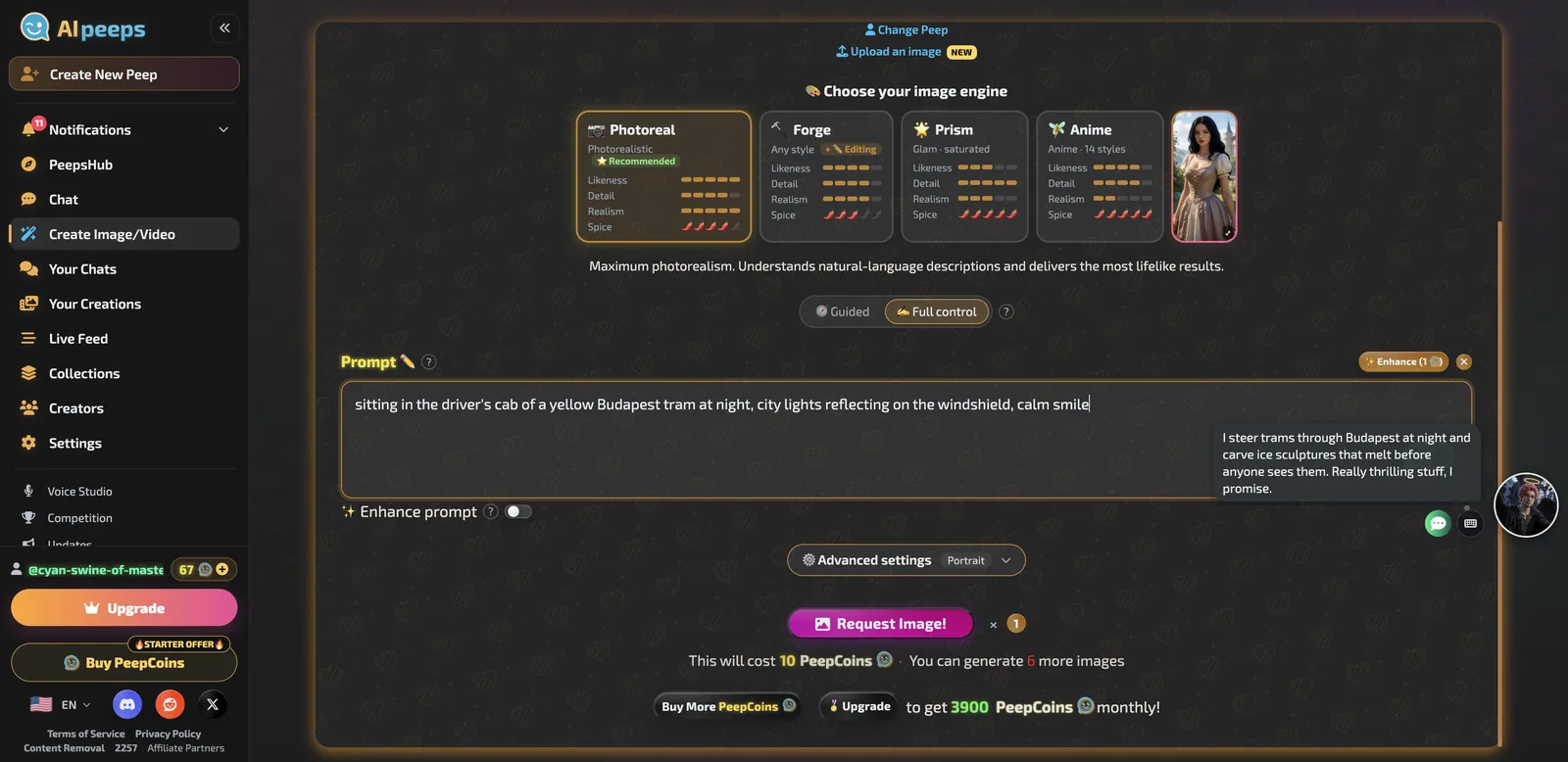 AI Peeps image studio with Photoreal, Forge, Prism and Anime engines and a full control prompt