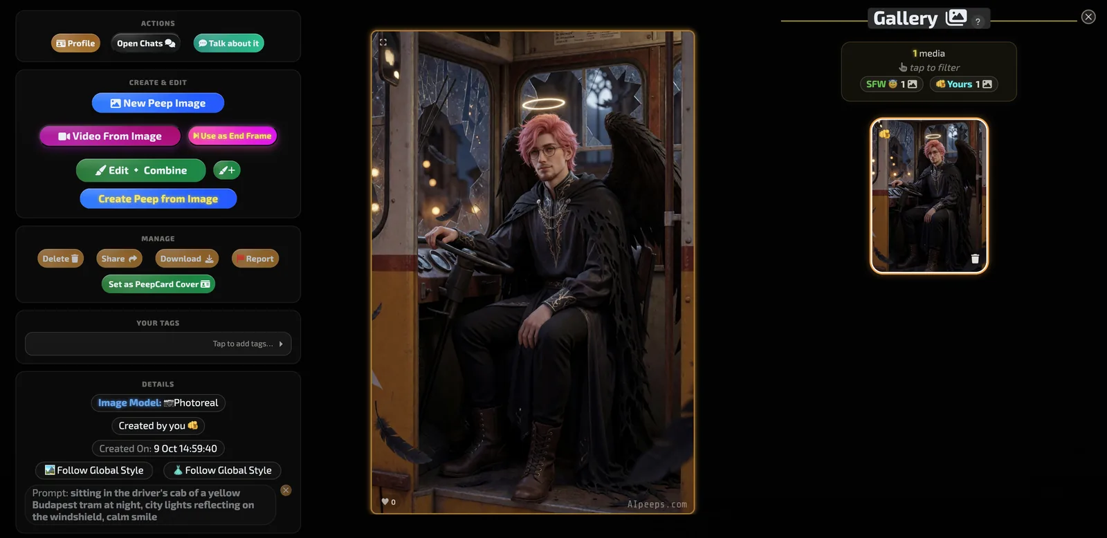AI Peeps generated image of Tomas in a Budapest tram cab at night