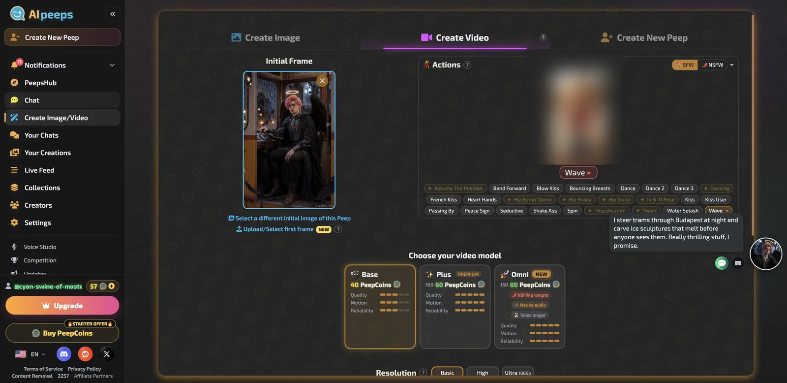 AI Peeps Create Video with initial frame, actions list and Base, Plus and Omni models