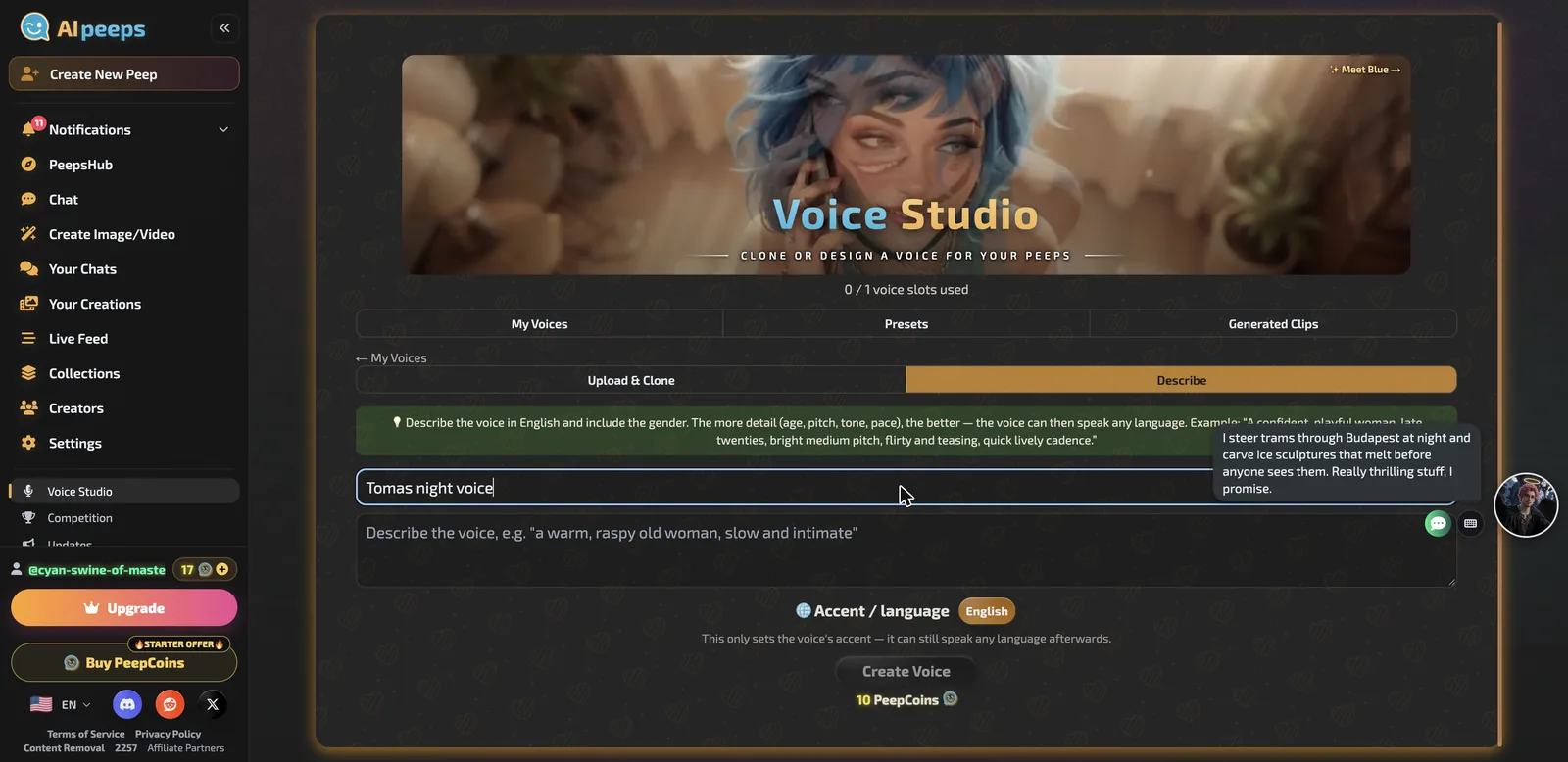 AI Peeps Voice Studio Describe tab with voice name and description
