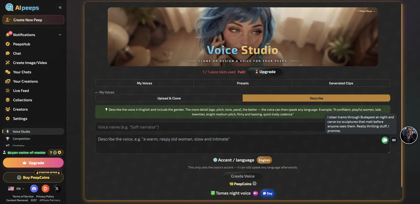 AI Peeps Voice Studio showing the created Tomas night voice