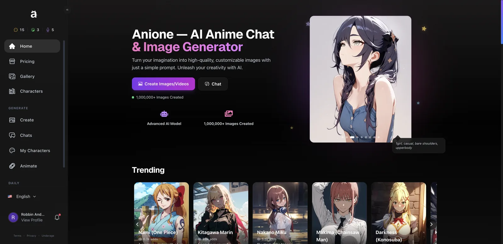 Anione home page with AI anime chat and image generator and trending anime characters