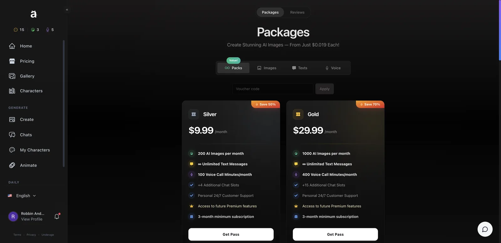 Anione pricing page showing Silver $9.99 and Gold $29.99 monthly plans