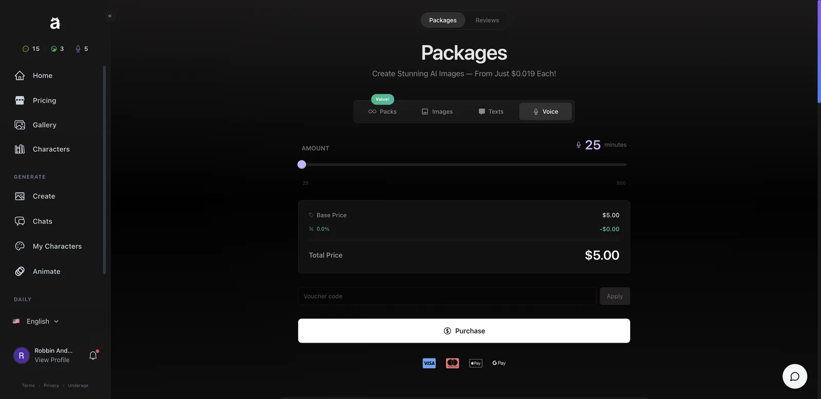 Anione voice minutes token pack slider priced at $5 for 25 minutes