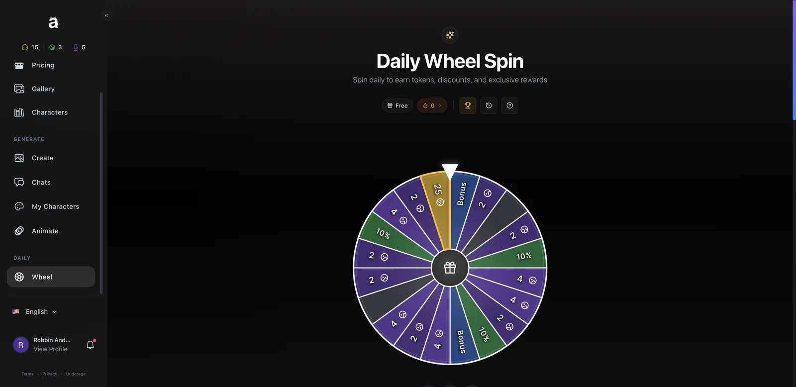 Anione Daily Wheel Spin with token and discount segments