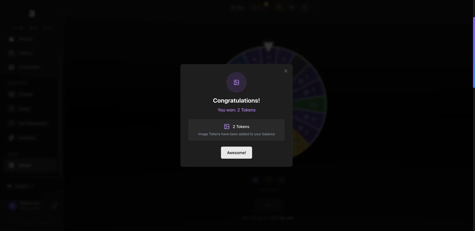 Anione wheel reward popup saying you won 2 image tokens
