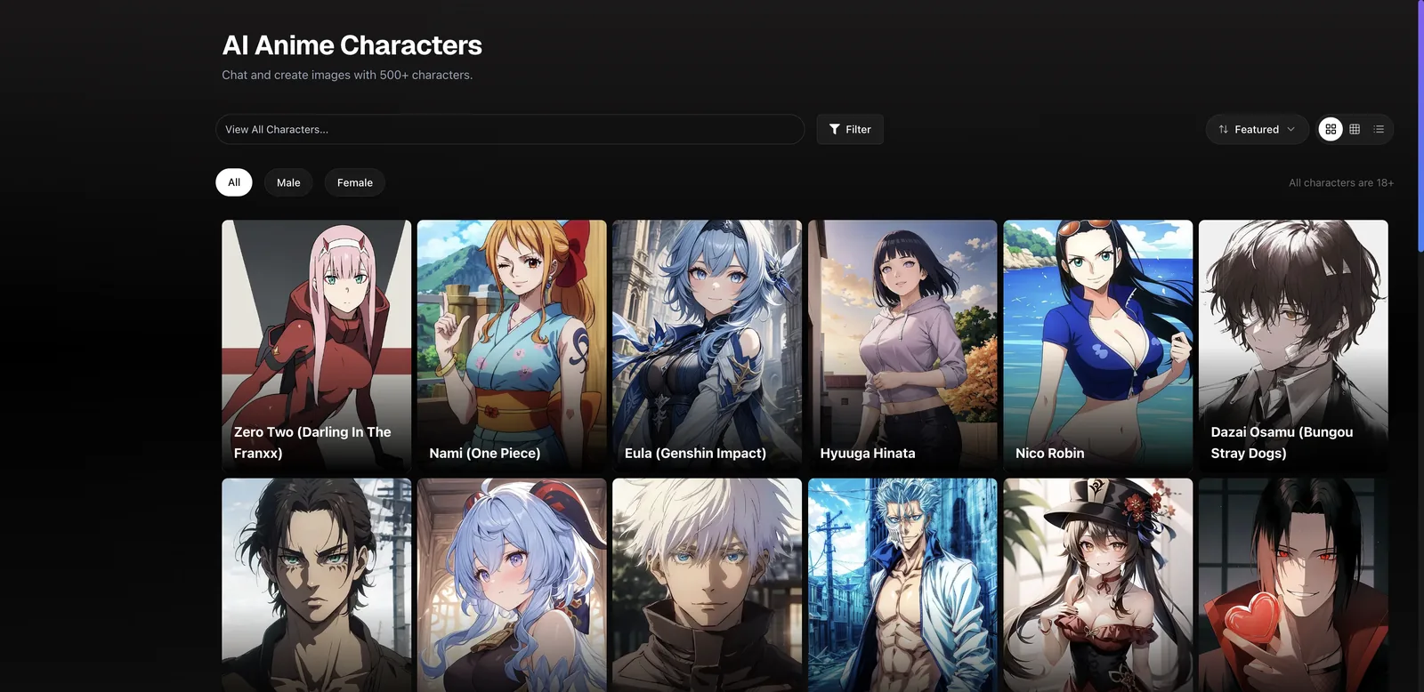 Anione AI anime character library with 500+ characters and gender filters