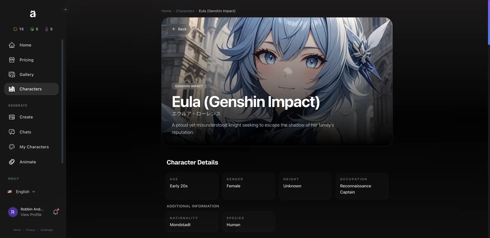 Anione character profile page for Eula from Genshin Impact with character details