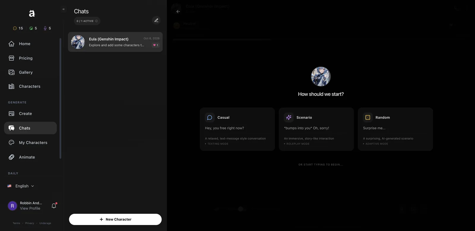 Anione chat start options Casual, Scenario and Random