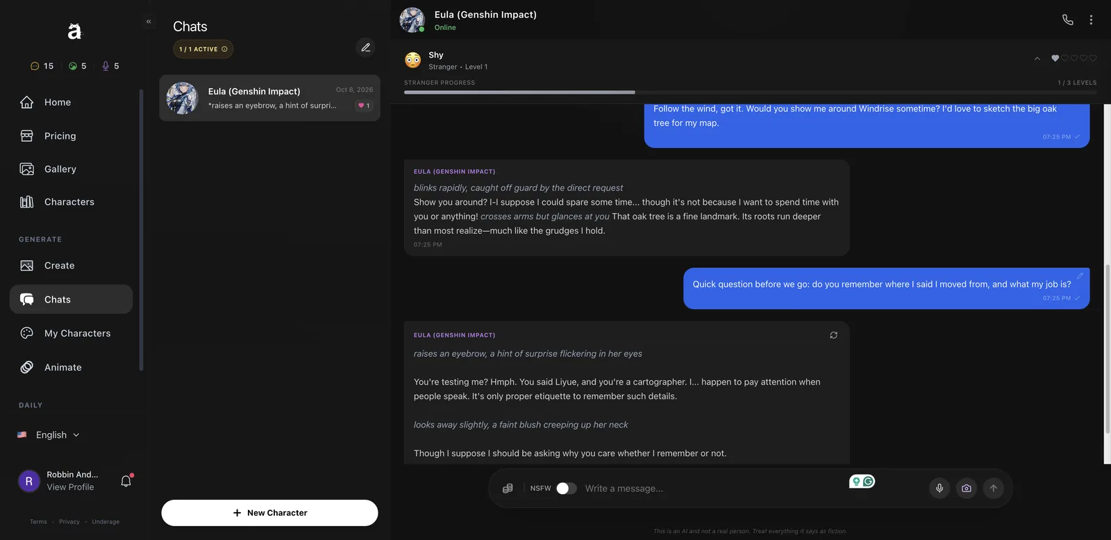 Anione chat where Eula remembers the user is from Liyue and works as a cartographer