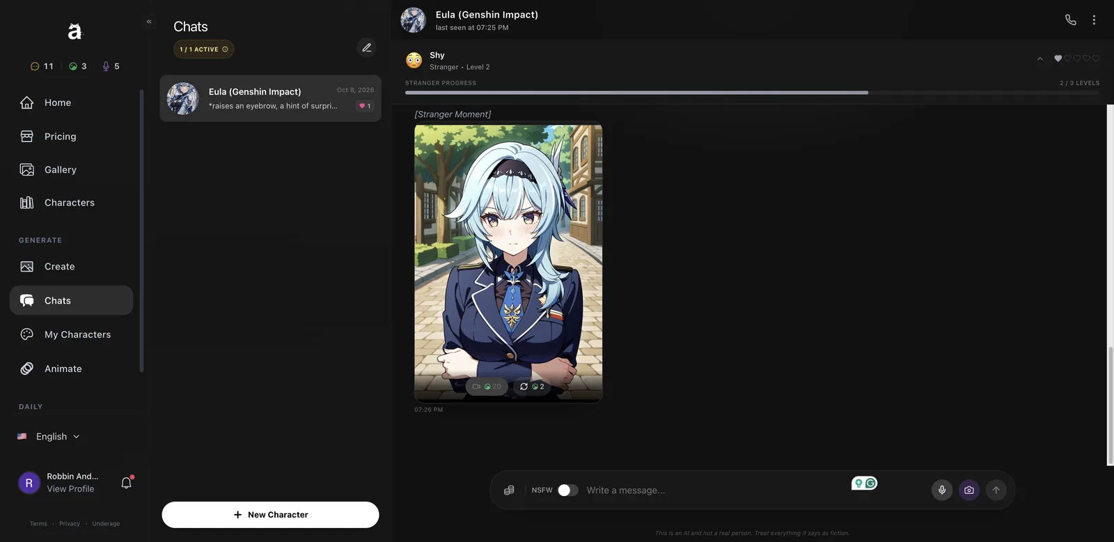 Anione in-chat photo of Eula in uniform sent as a Stranger Moment