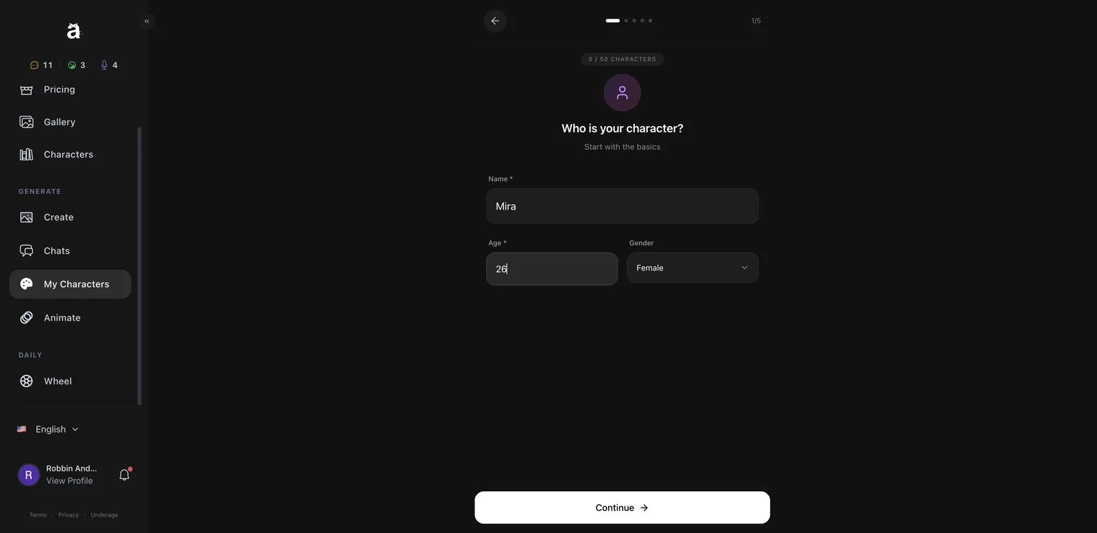 Anione create character step 1 with name, age and gender fields