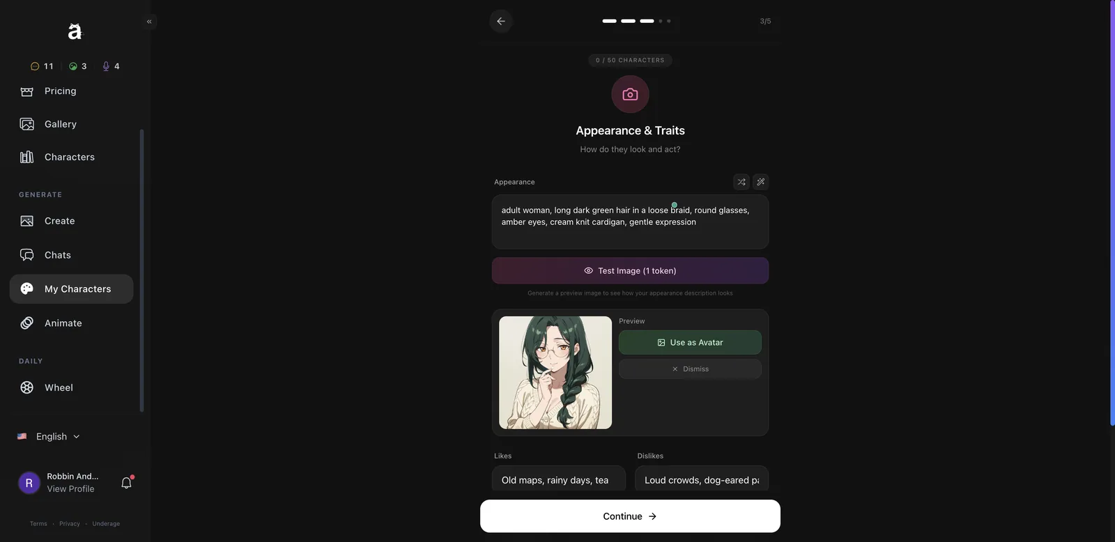 Anione character appearance step with a preview image of a woman with green braided hair and glasses