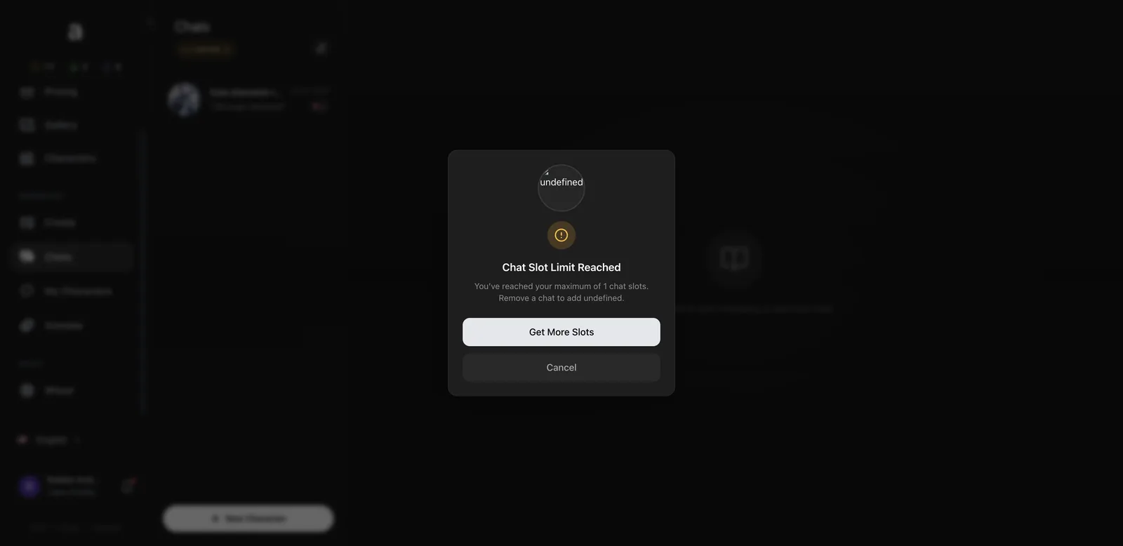 Anione chat slot limit reached popup on a free account