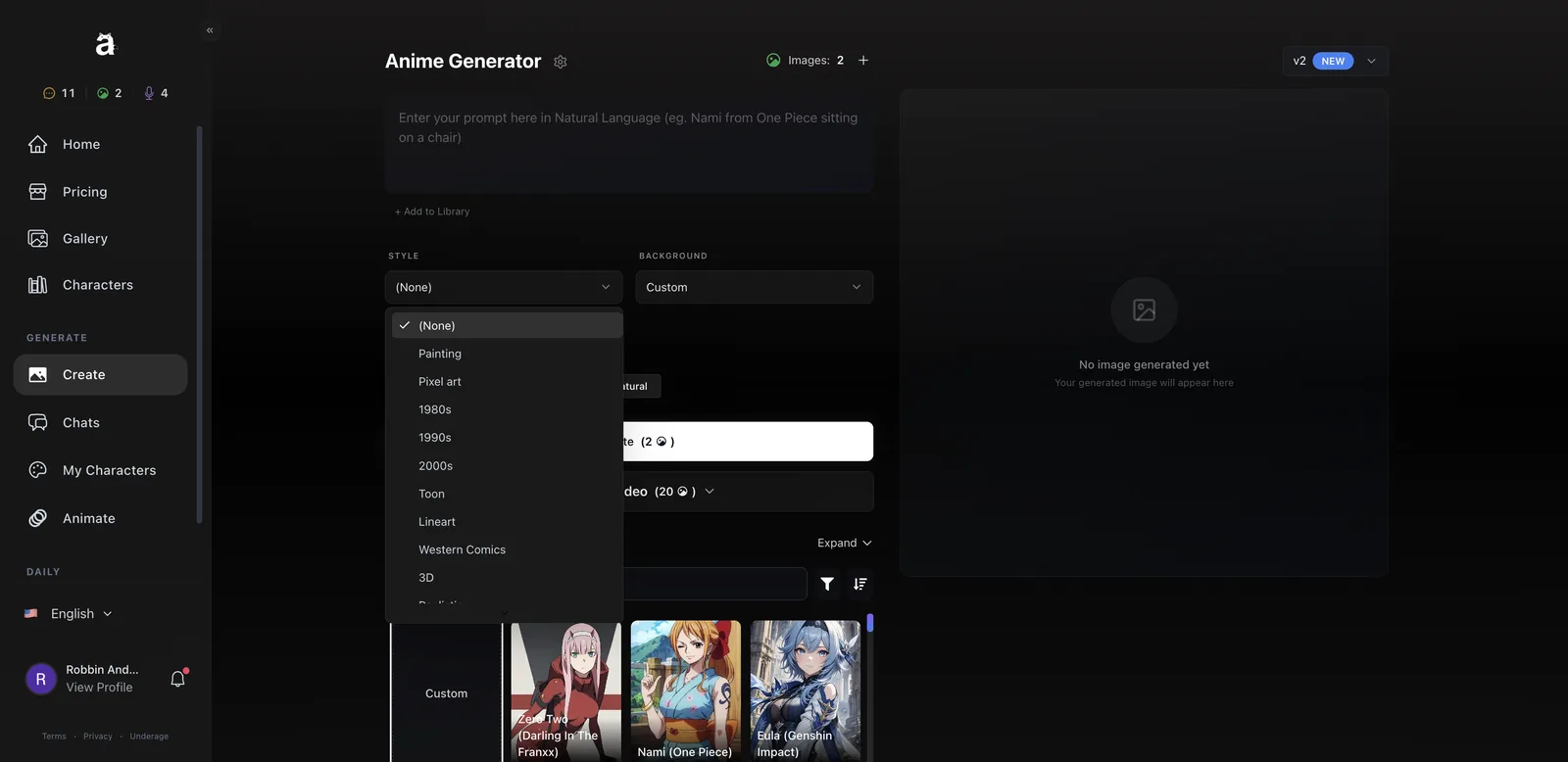 Anione anime generator style dropdown with Painting, Pixel art, 1980s, 1990s and 2000s