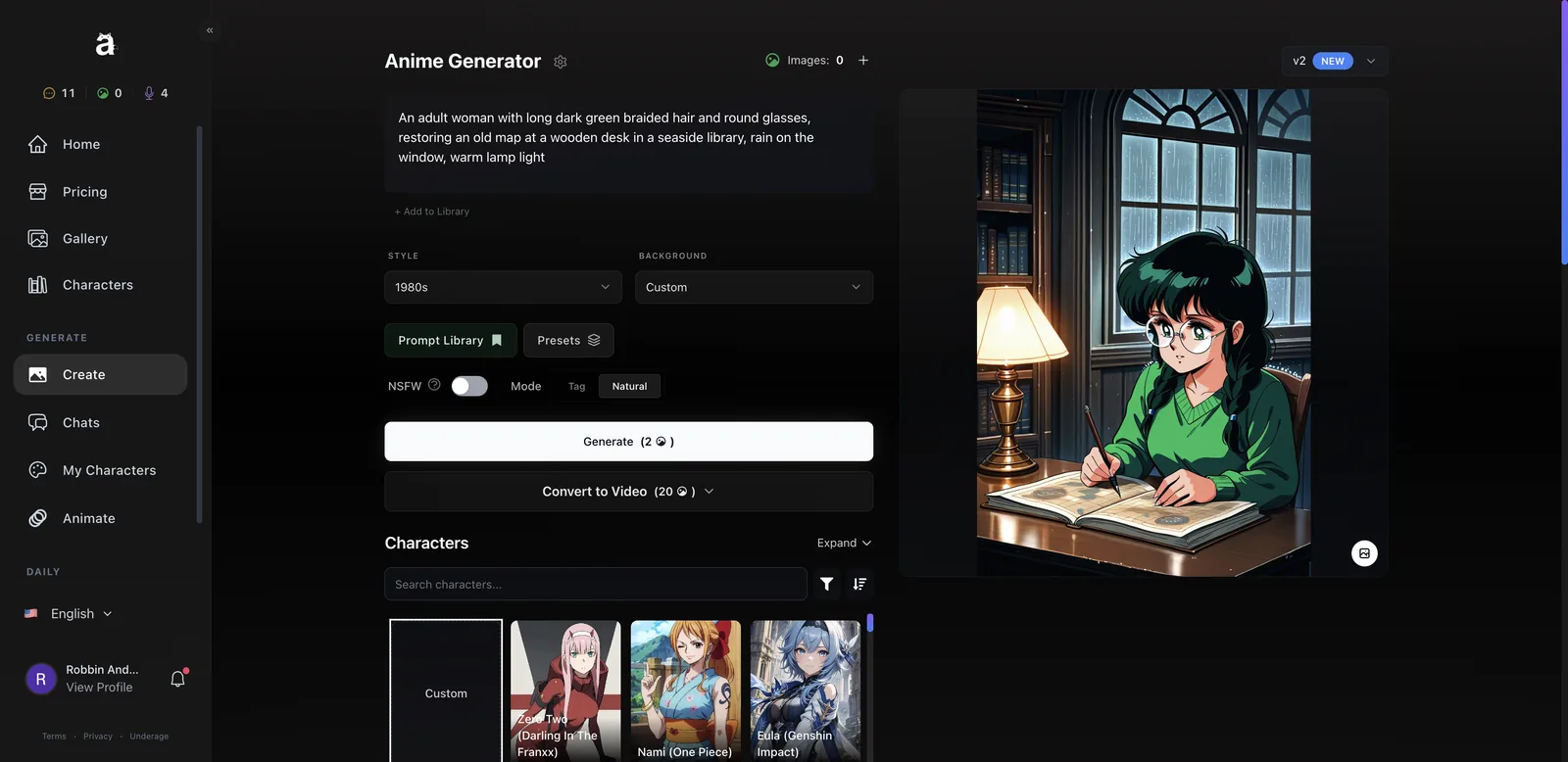 Anione 1980s style anime image of a woman with glasses restoring a map in a rainy library