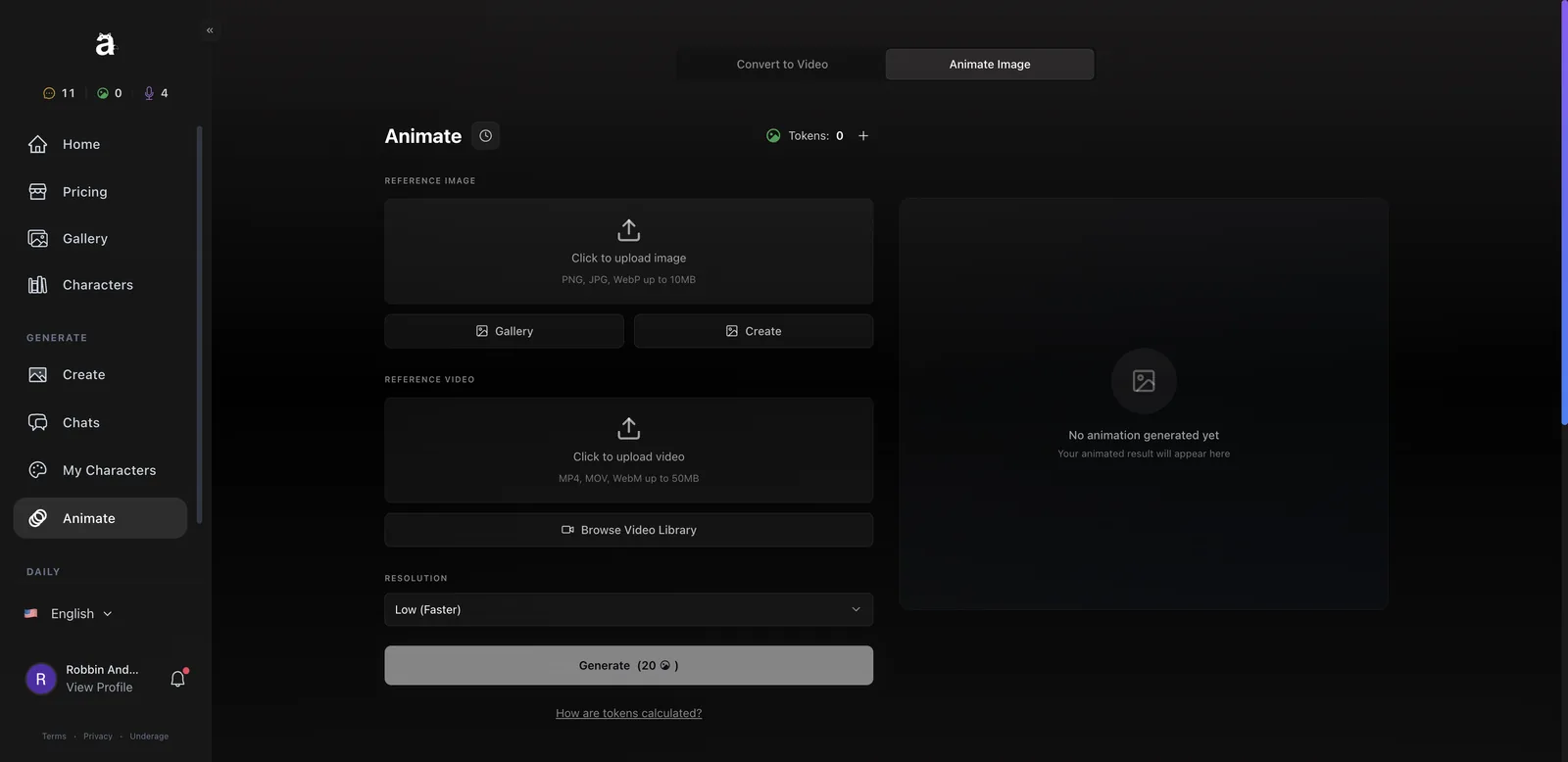 Anione Animate Image tool with reference image and reference video upload