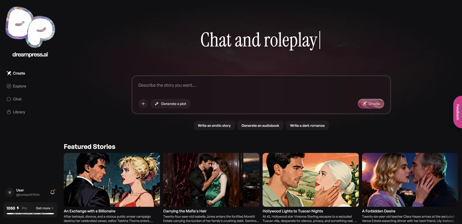 DreamPress beta home page with story prompt box and featured stories