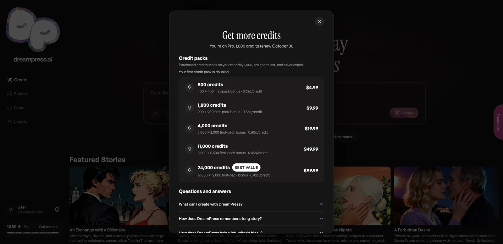 DreamPress Get more credits dialog with packs from 800 credits for $4.99 to 24,000 for $99.99
