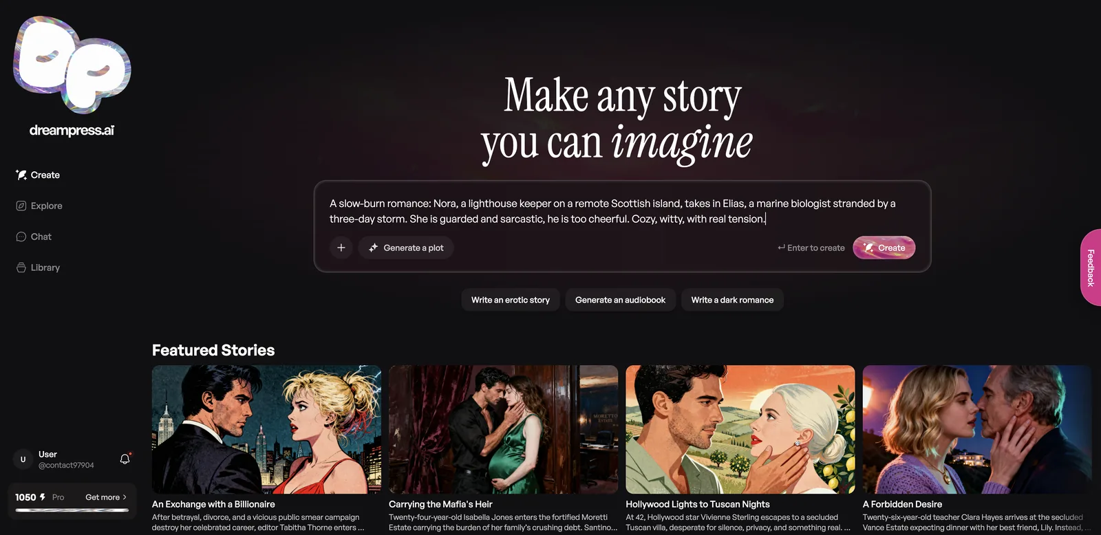 DreamPress prompt box with a slow-burn lighthouse romance premise