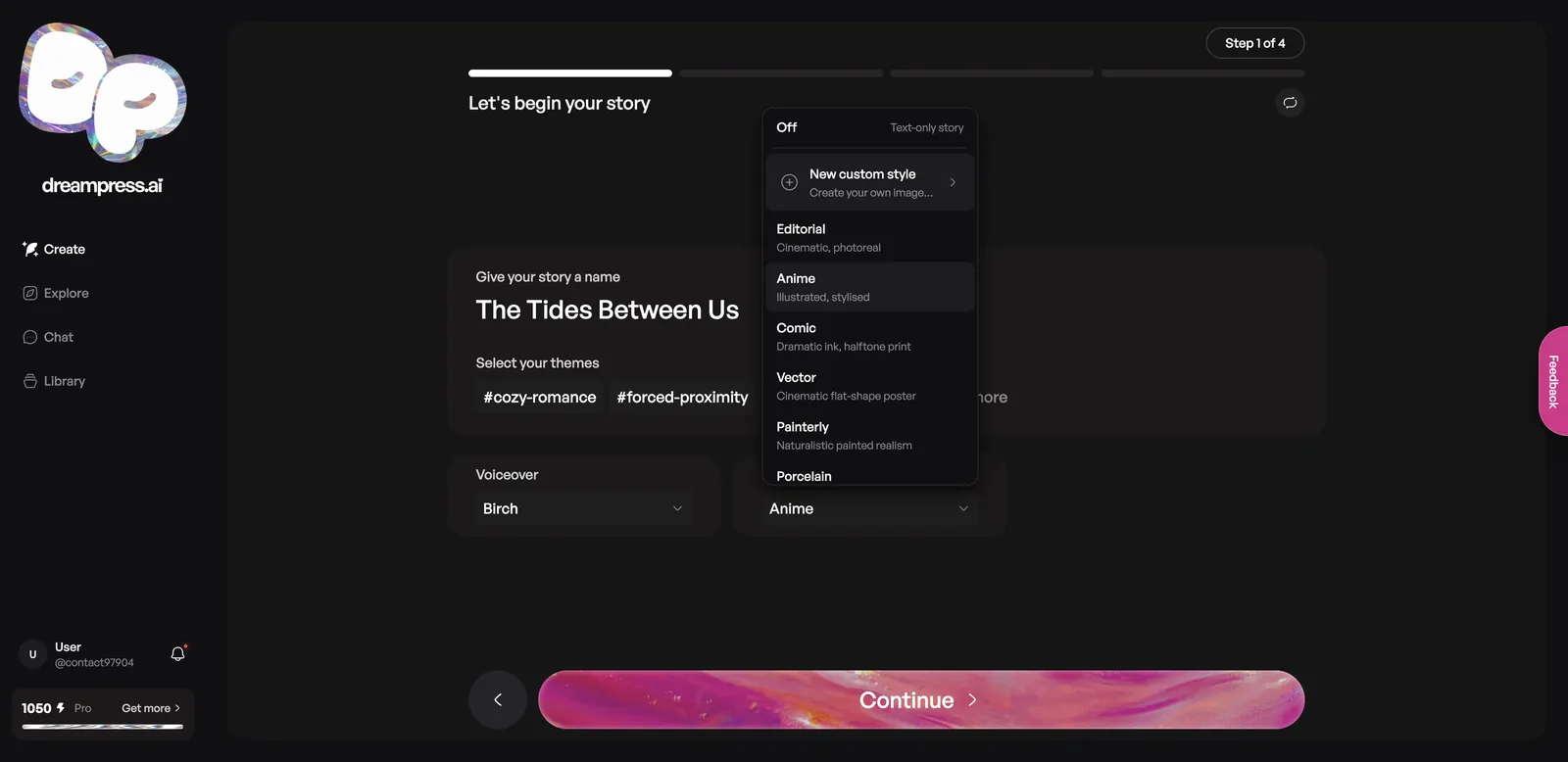 DreamPress story wizard step 1 with title, themes and image style options