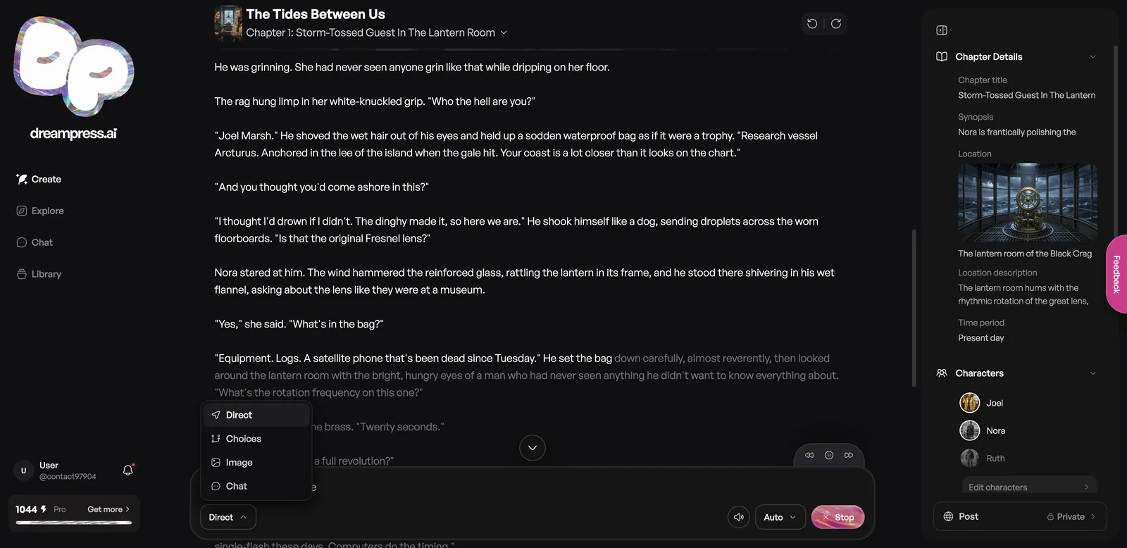 DreamPress mode menu with Direct, Choices, Image and Chat