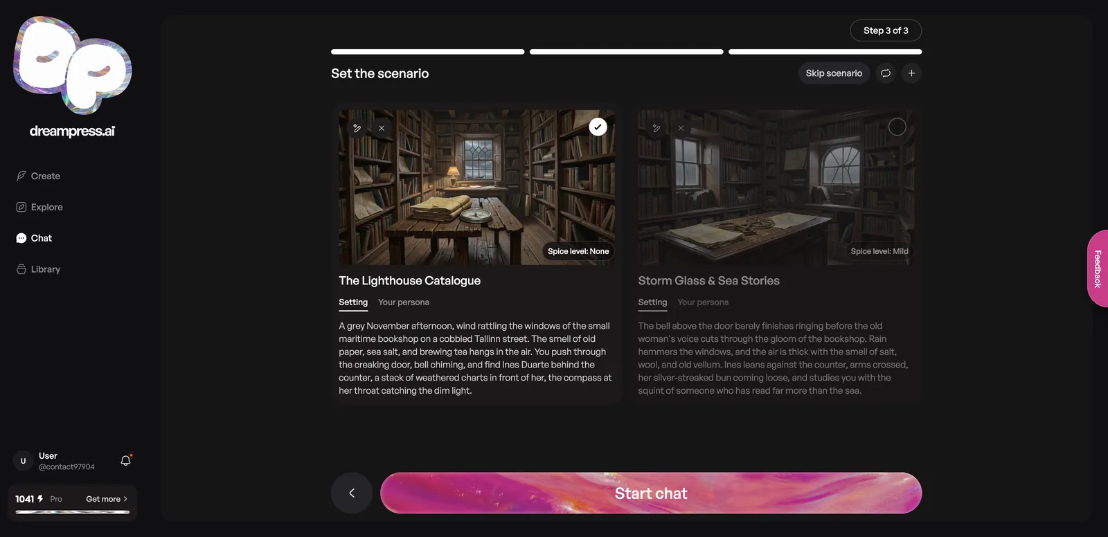 DreamPress chat scenario options The Lighthouse Catalogue and Storm Glass and Sea Stories