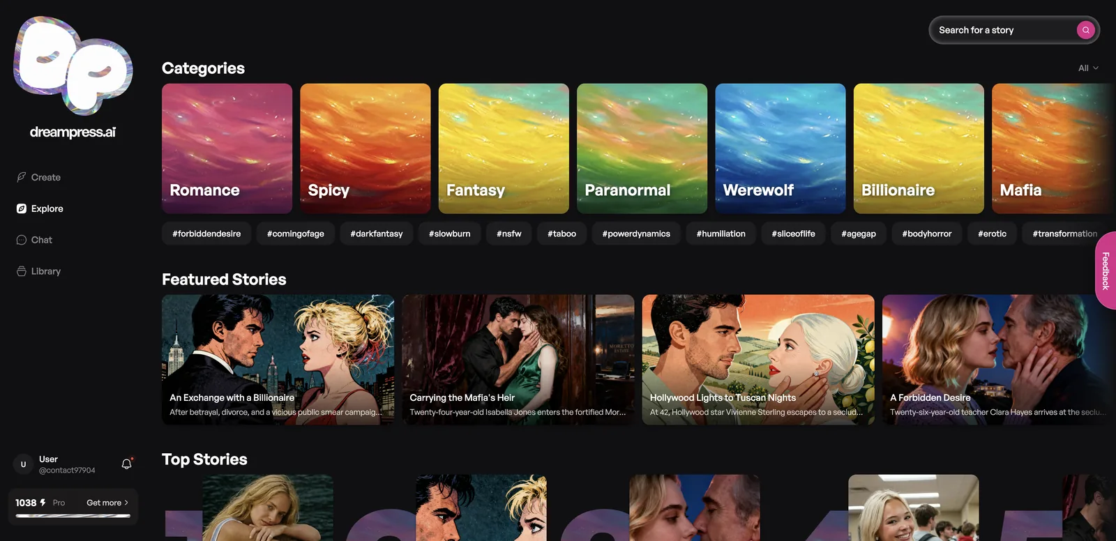 DreamPress Explore page with categories Romance, Spicy, Fantasy, Paranormal, Werewolf, Billionaire and Mafia