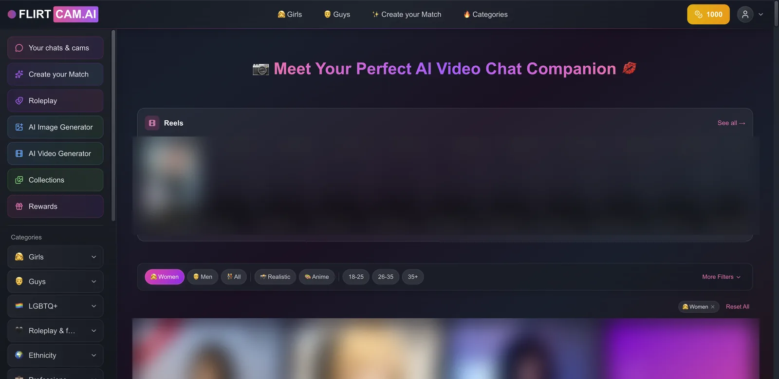 FlirtCam AI home page with Reels row, filters and character cards, partly blurred