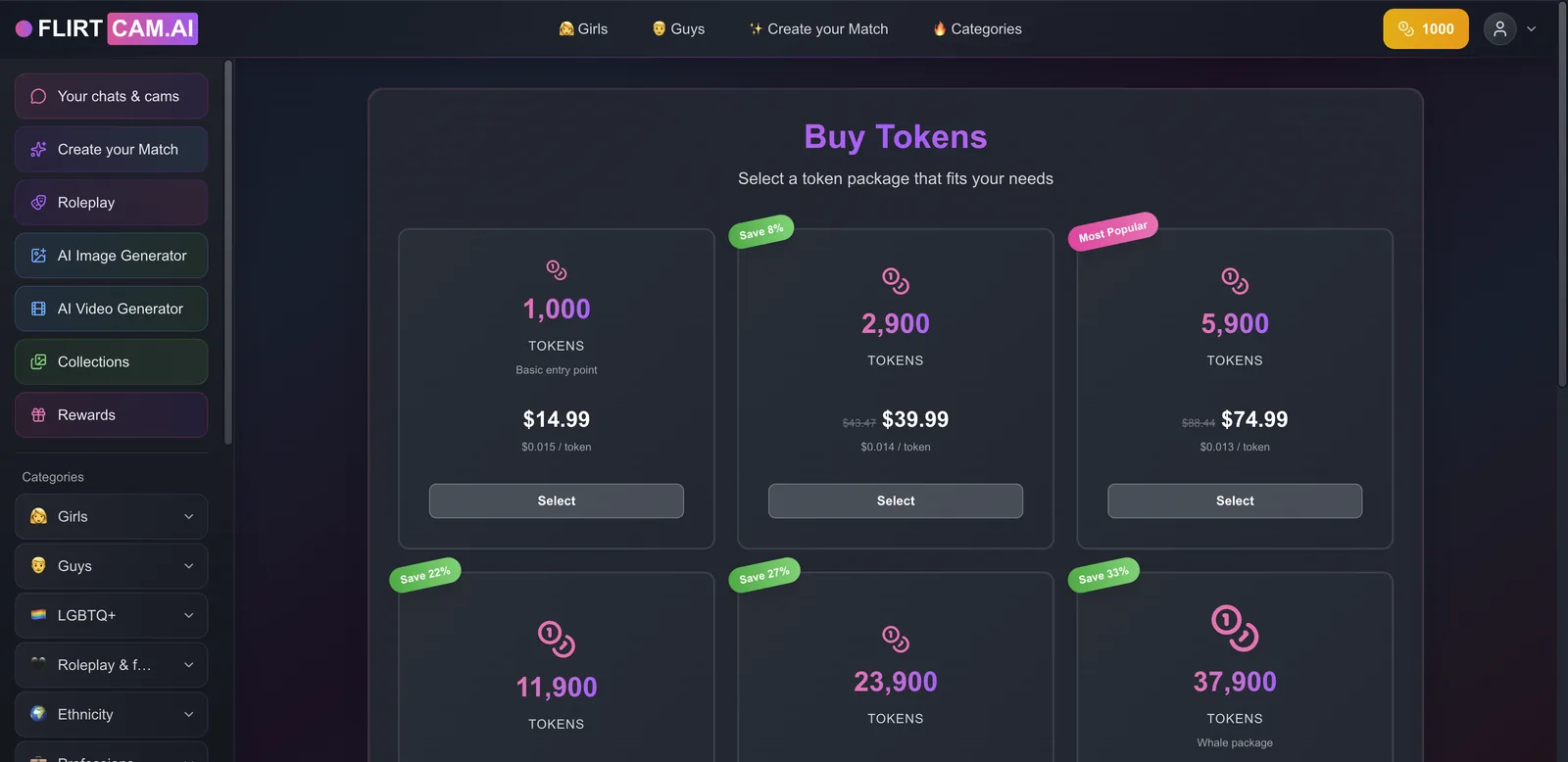 FlirtCam token packs from 1,000 tokens for $14.99 to 37,900 tokens for $379.99