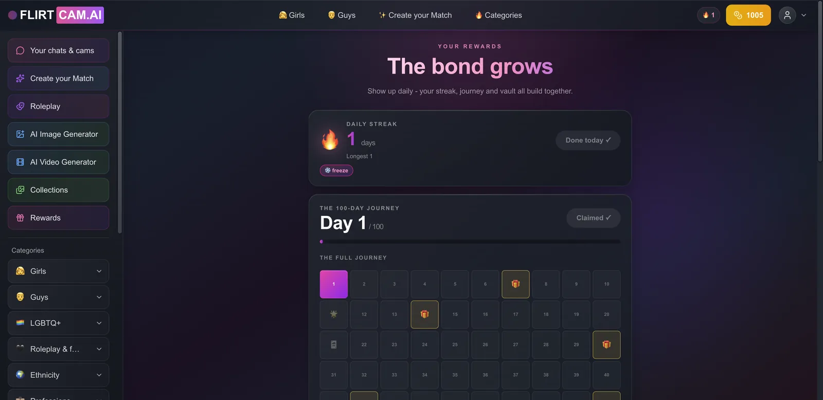 FlirtCam Rewards page with daily streak and 100-day journey