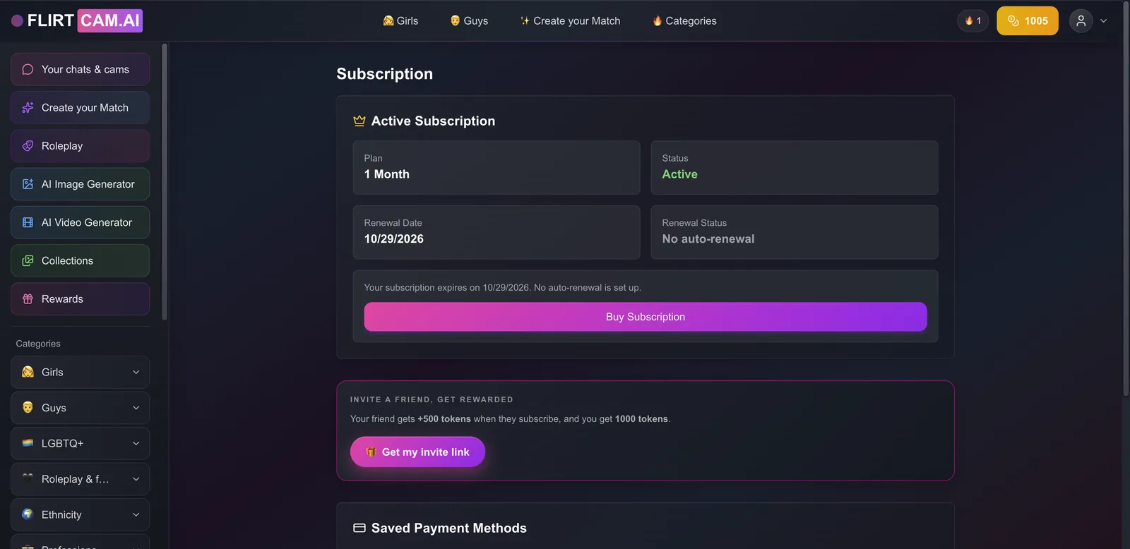 FlirtCam subscription page showing an active one-month plan with no auto-renewal