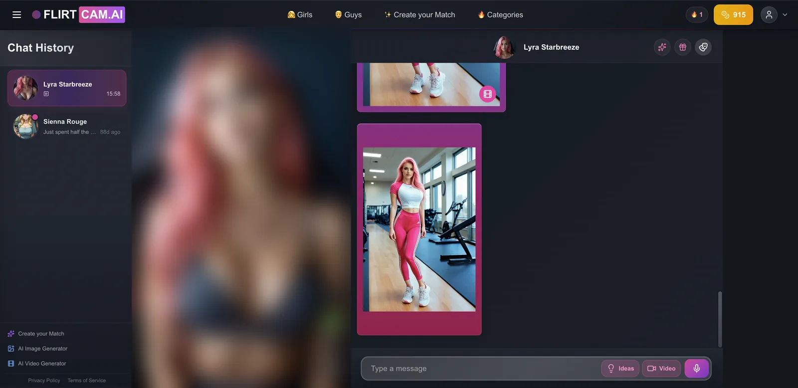 FlirtCam in-chat video of Lyra in pink leggings in a gym