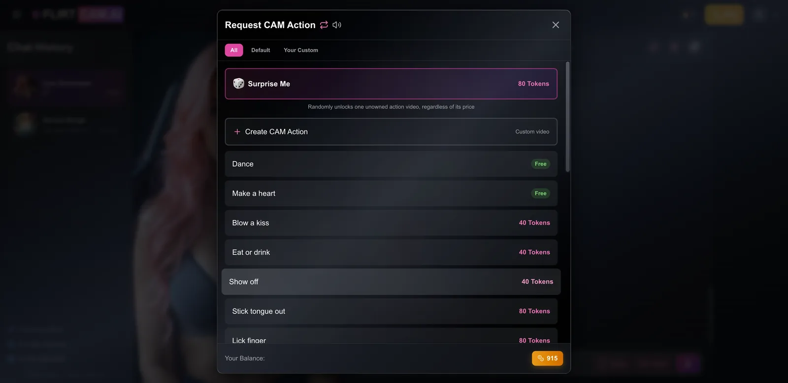 FlirtCam cam action list with free Dance and Make a heart and 40 to 80 token actions