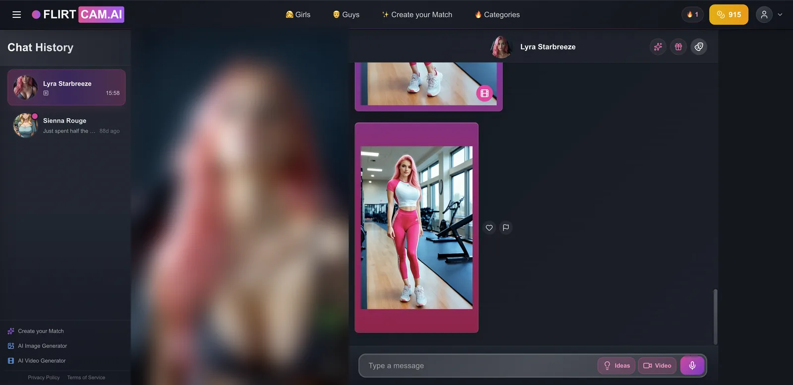 FlirtCam chat with the gym video and the cam view playing a new clip