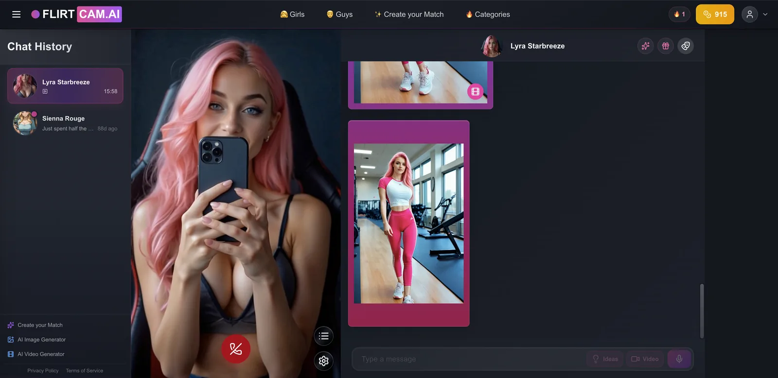FlirtCam voice call screen showing 50 tokens per minute and supported languages