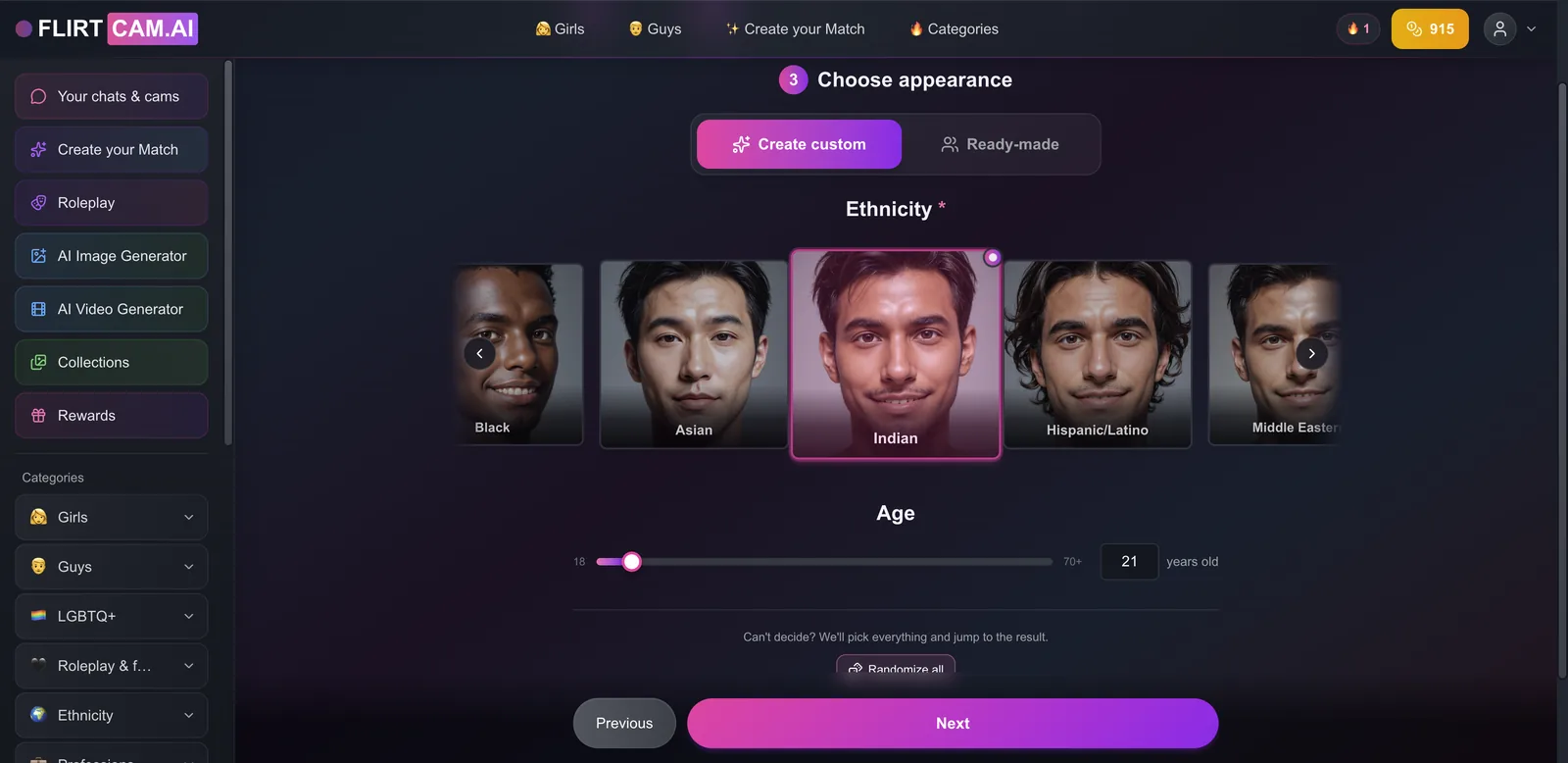 FlirtCam character builder appearance step with ethnicity options and age slider