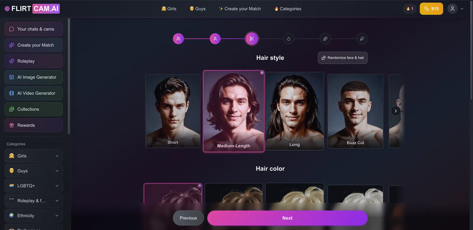 FlirtCam builder face and hair step with hair style options