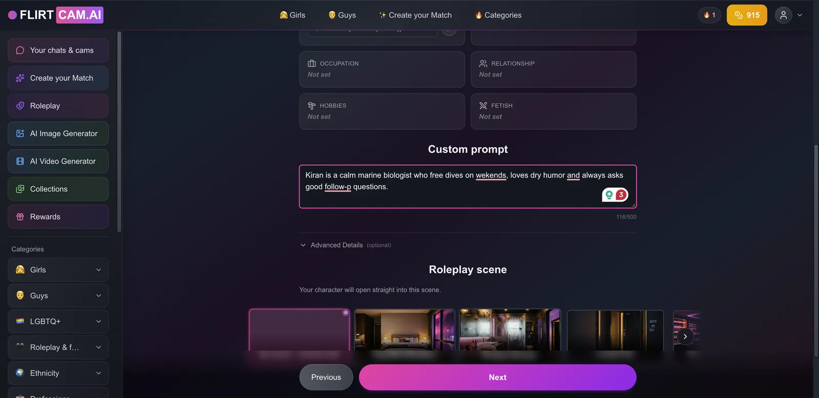 FlirtCam builder personality step with custom prompt and roleplay scene options